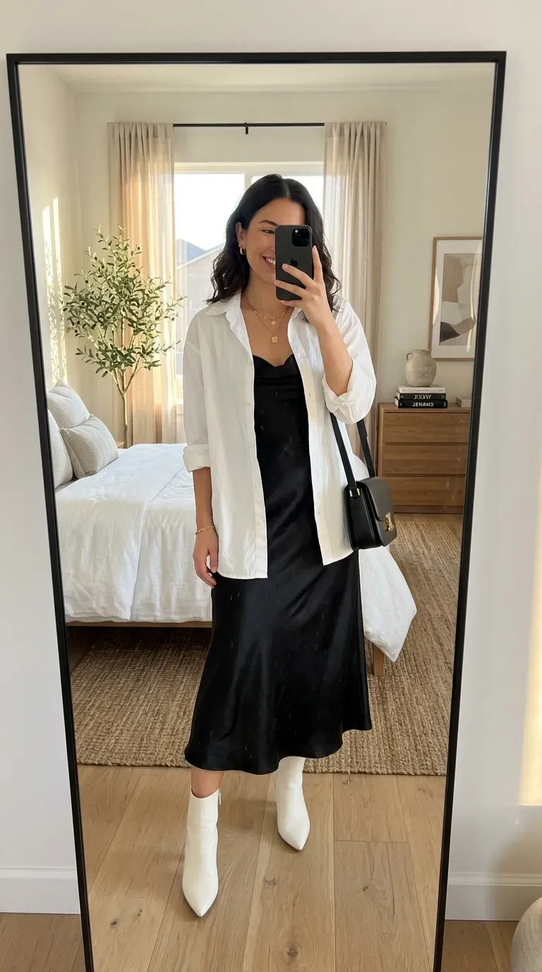 White Button Down Shirt Outfit Ideas: 11 Chic Ways to Style a Classic 7 Woman layering white button-down shirt over slip dress for chic feminine style.