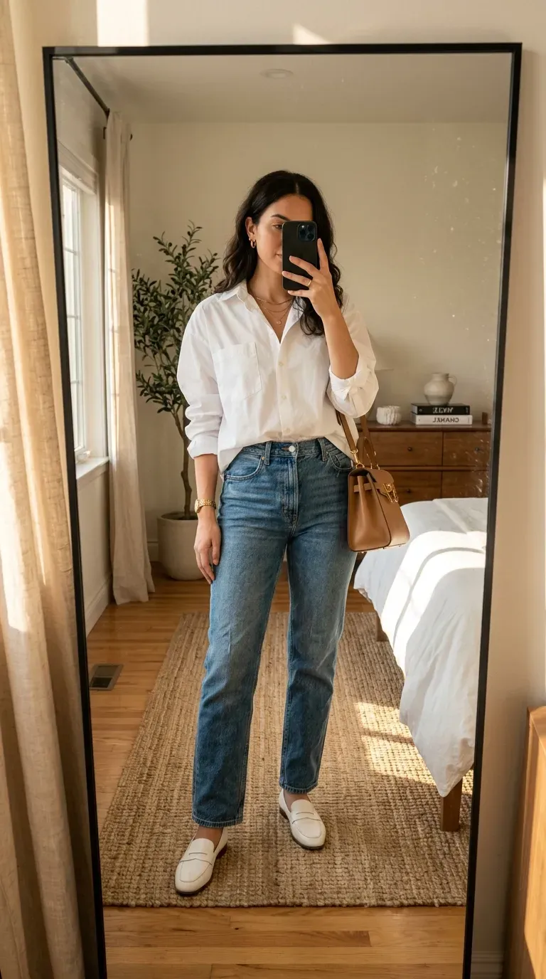 White Button Down Shirt Outfit Ideas: 11 Chic Ways to Style a Classic 2 Woman wearing white button-down shirt with straight-leg jeans for polished casual style.