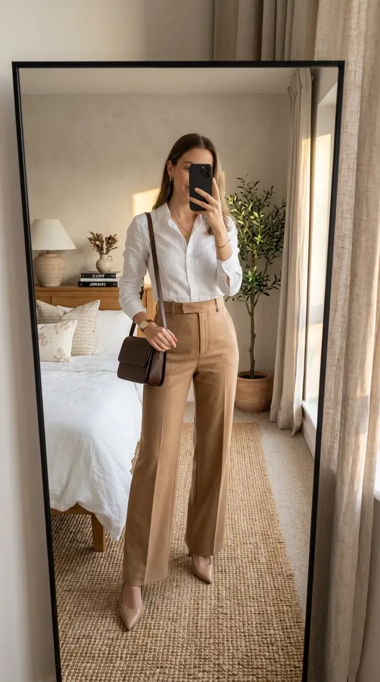 White Button Down Shirt Outfit Ideas: 11 Chic Ways to Style a Classic 3 Woman wearing white button-down shirt with wide-leg trousers for elegant office style.