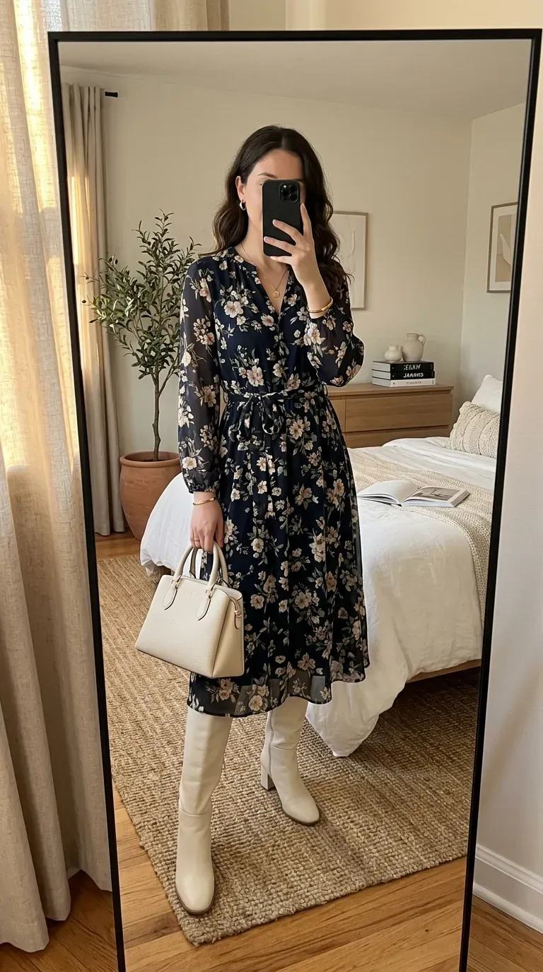 Woman wearing white knee-high boots with floral midi dress for feminine fall style.