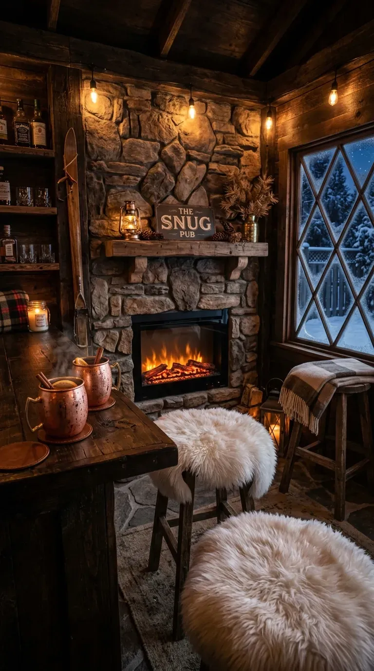 12 Aesthetic Backyard Pub Shed Ideas to Transform Your Yard 13 Cozy winter chalet pub shed with an electric fireplace and faux fur