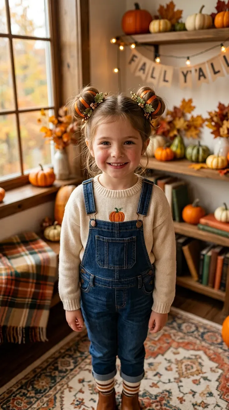 Halloween Hairstyles for Kids: 10 Cute and Spooky Ideas 4 Child wearing braided pigtails with purple ribbons for a cute witch-inspired Halloween hairstyle.