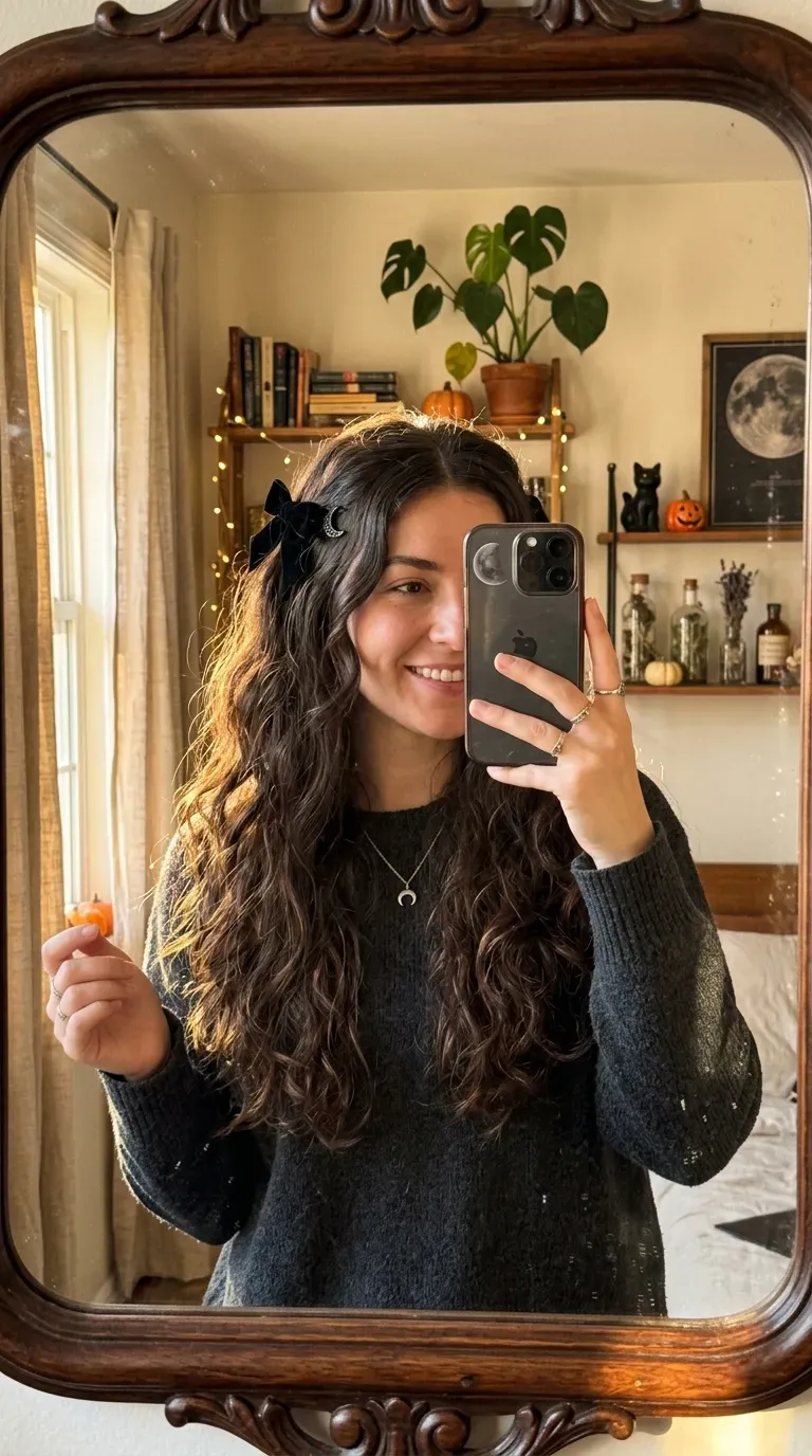 Woman taking an iPhone mirror selfie showing long loose waves with a mysterious witchy Halloween aesthetic.