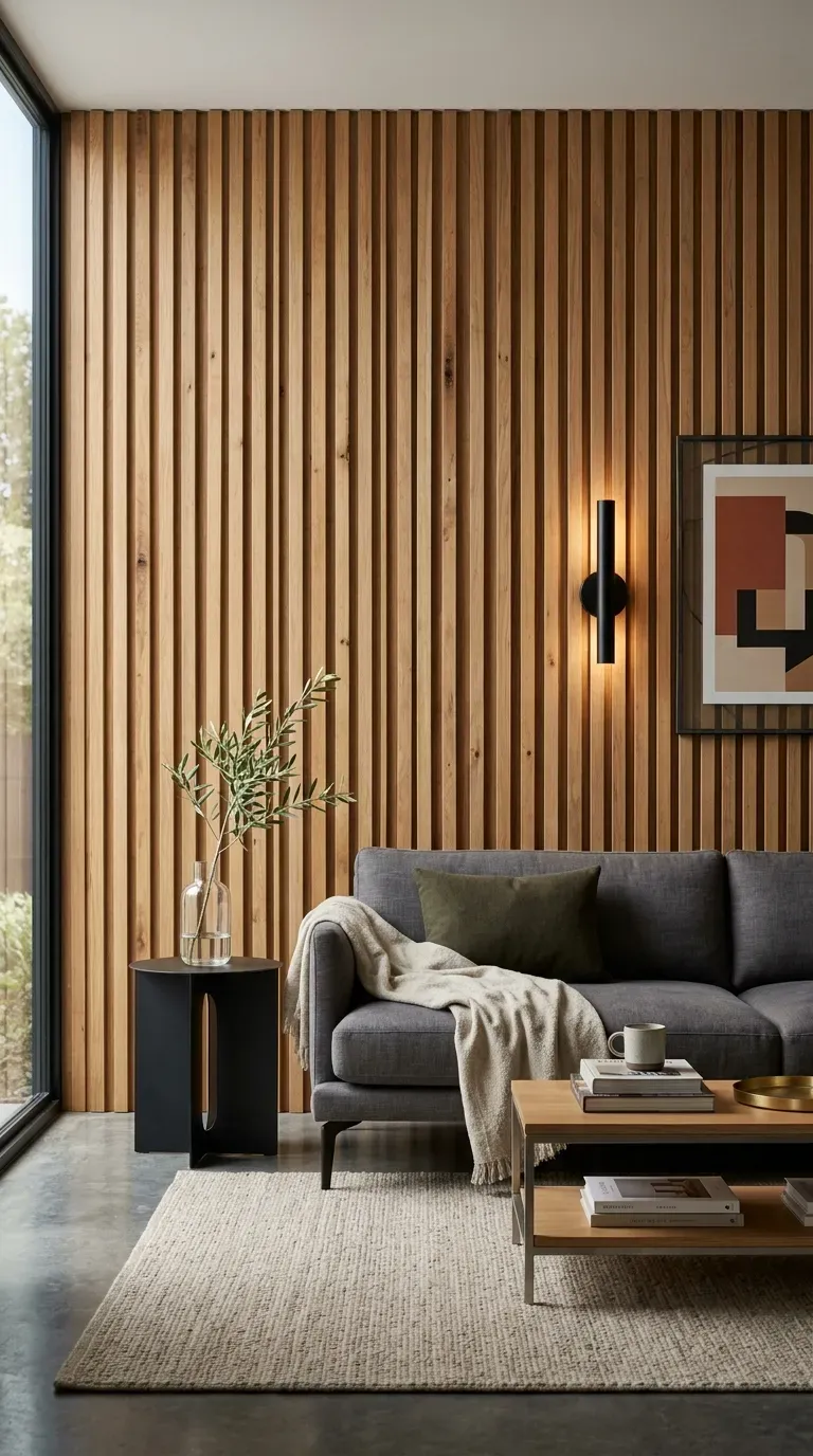 16 Genius Minimalist Living Room Ideas You Need to Try 5 Vertical oak wood slat wall behind a minimalist grey sofa
