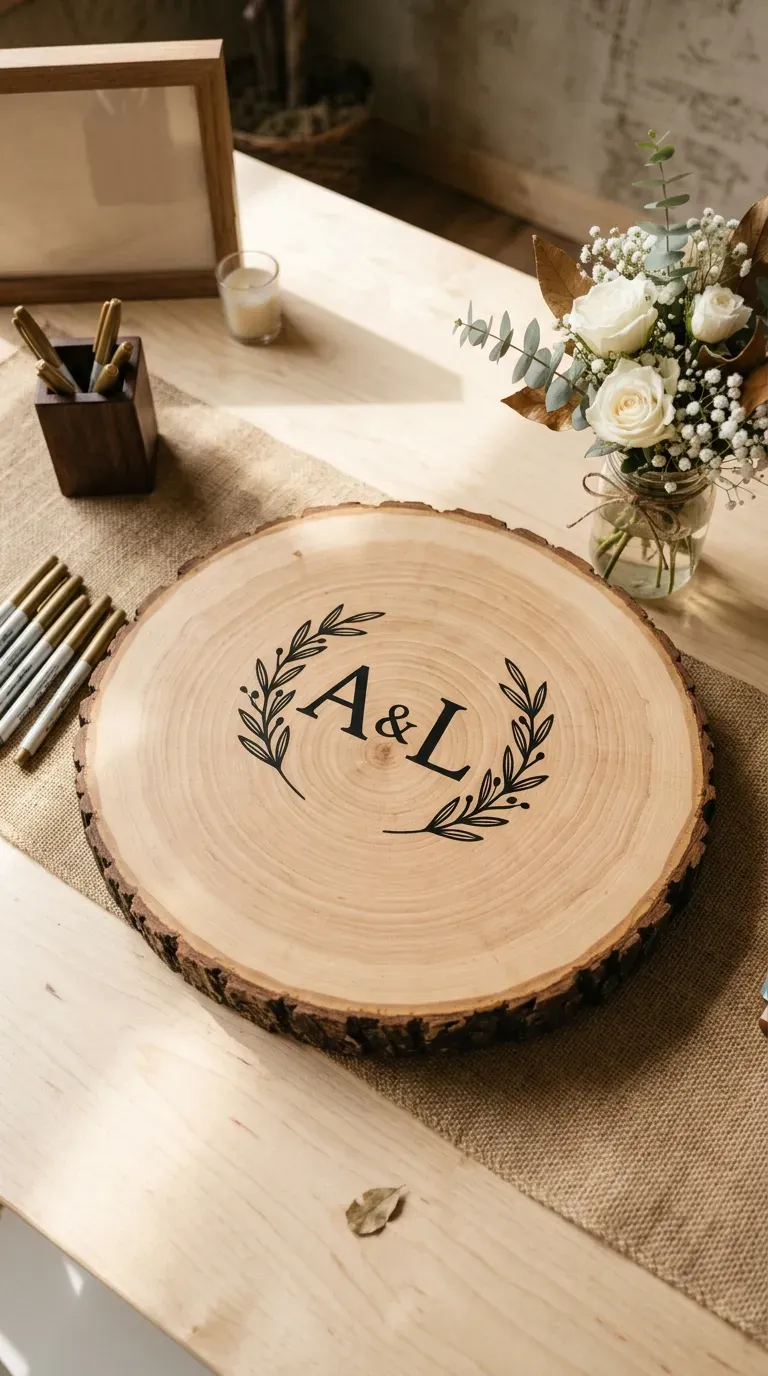 11 Gorgeous Wedding Cricut Projects You'll Want to Copy 12 large natural edge wood slice guest book with custom black vinyl monogram and signatures