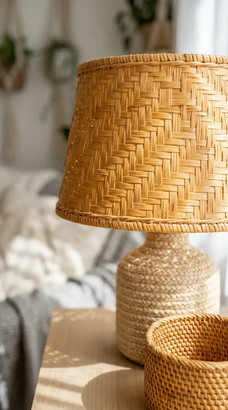 11 Creative DIY Lampshades That Look Store-Bought 11 lampshade handwoven with natural rattan strips in a boho living room