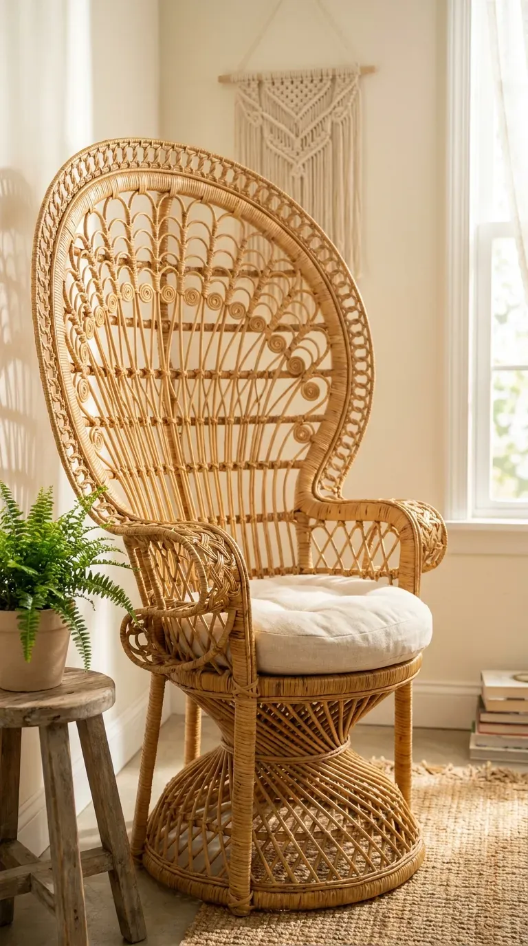 oversized woven rattan peacock chair styled in a sunlit bedroom corner
