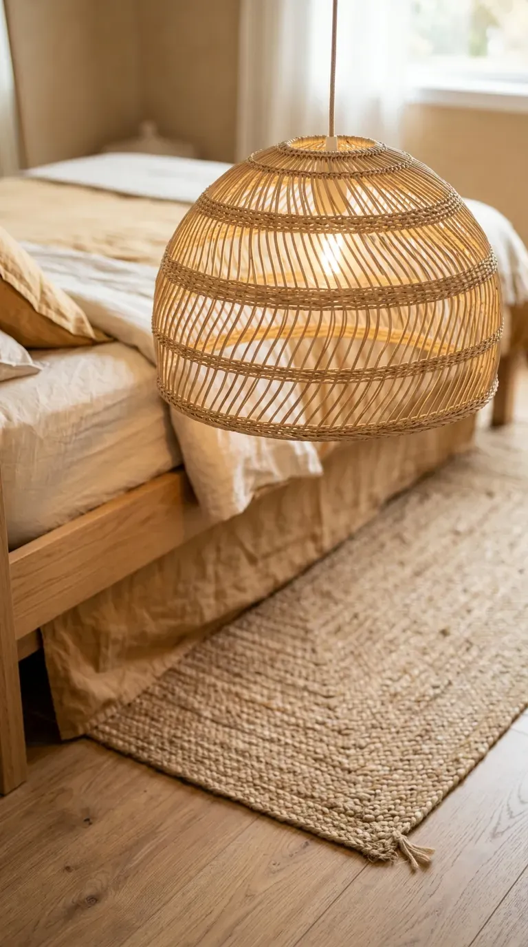 13 Genius Brown Bedroom Ideas You Will Want to Copy ASAP 8 large woven rattan ceiling pendant hanging over a braided jute bedroom rug