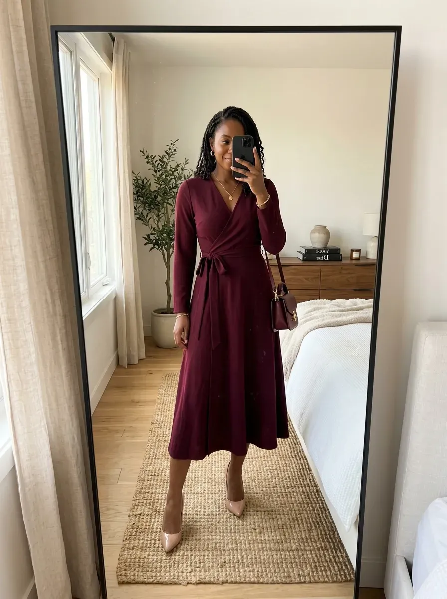 Black woman wearing an elegant wrap dress with minimal jewelry for a polished feminine look.