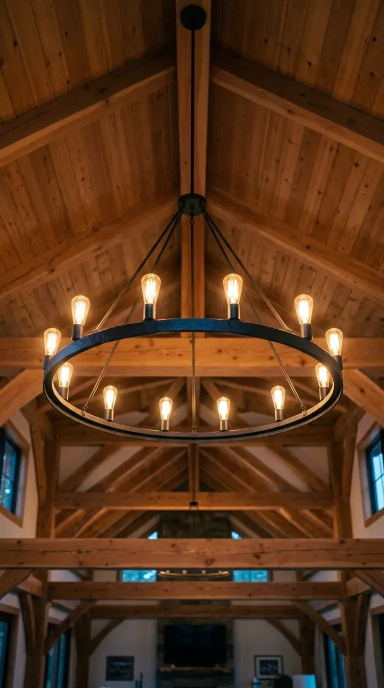 large minimalist matte black wrought iron ring chandelier in a vaulted ceiling room