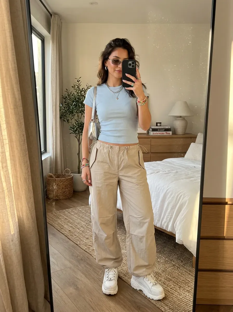 Woman wearing a fitted baby tee with parachute pants for a trendy Y2K-inspired outfit.