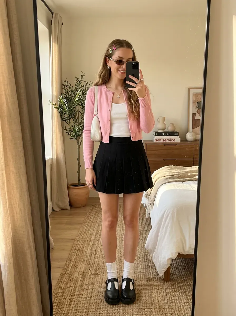 Woman wearing a cropped cardigan with a mini skirt for a feminine Y2K-inspired outfit.