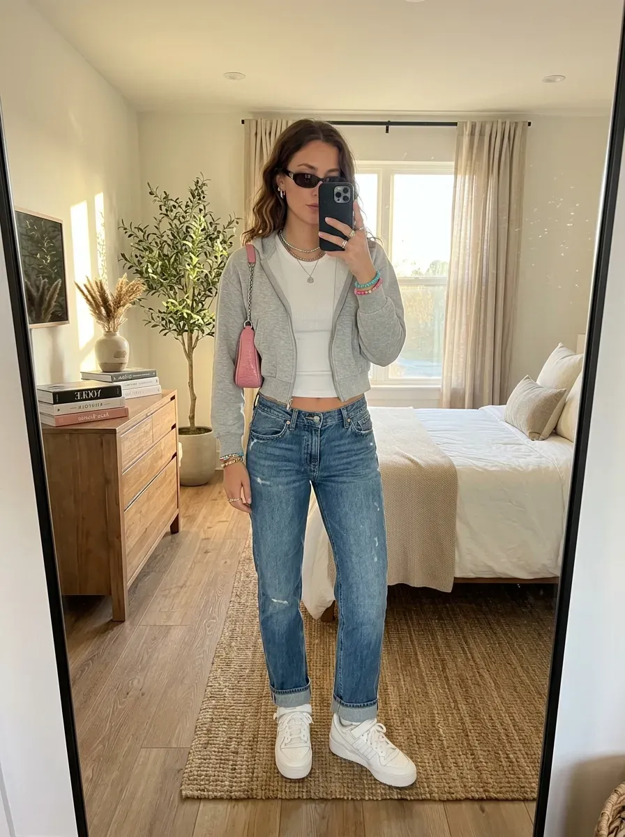 Woman wearing a cropped hoodie with relaxed denim and platform sneakers for a casual Y2K look.