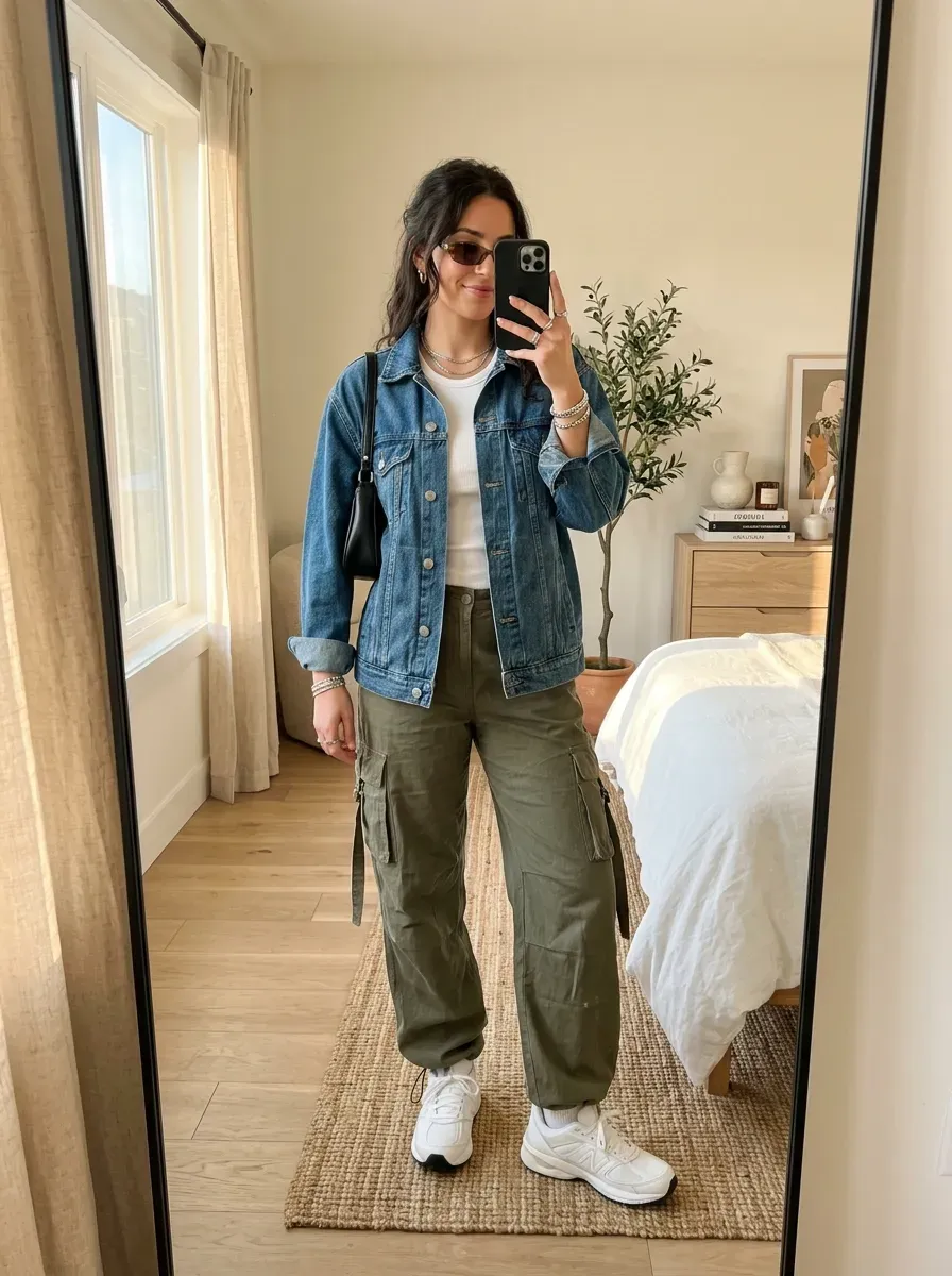 Woman wearing a denim jacket with cargo pants for a relaxed Y2K street style outfit.