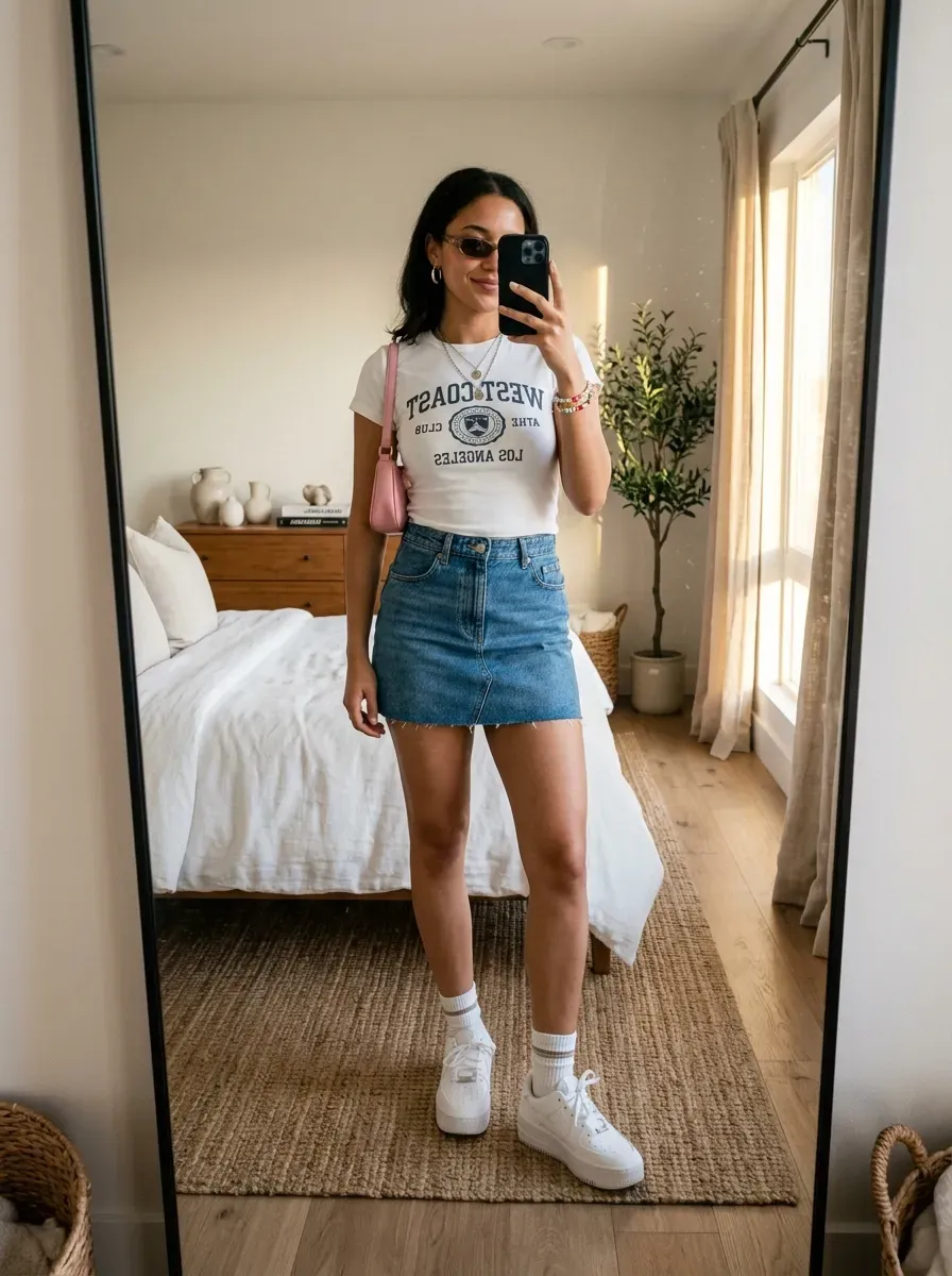 Woman wearing a denim mini skirt and graphic tee for a casual Y2K-inspired look.