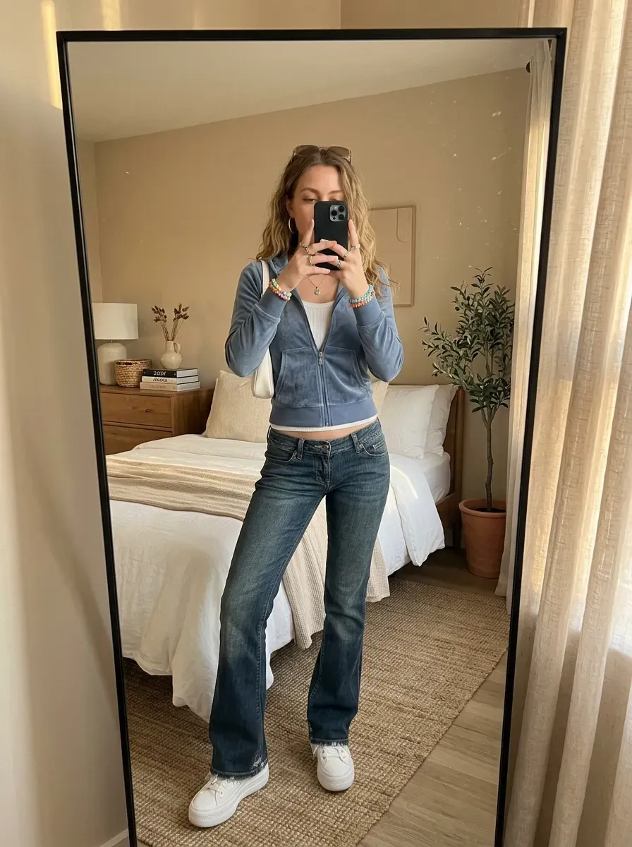 Woman wearing a velour zip-up jacket with flared jeans for a nostalgic Y2K outfit.