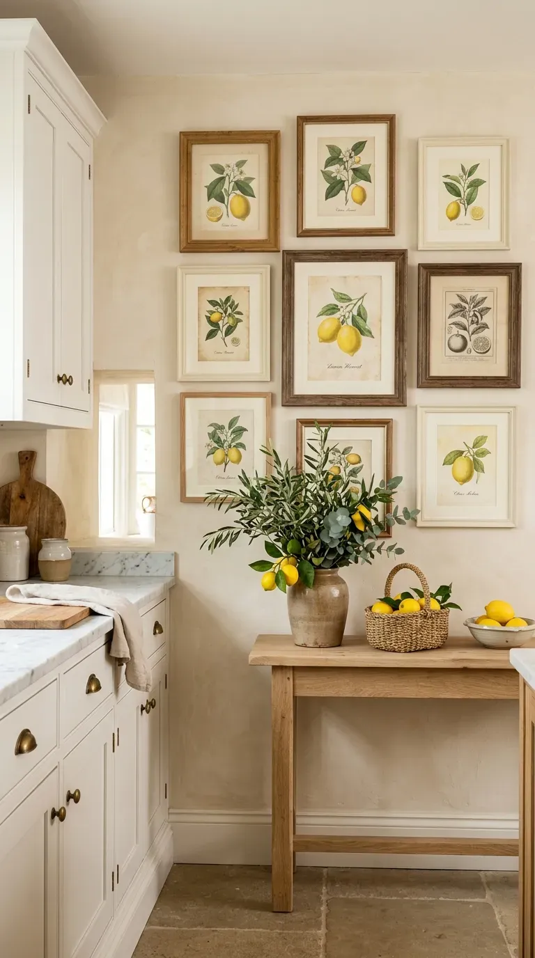 Stylish kitchen with soft yellow island and white cabinets inspired by a lemon color palette.