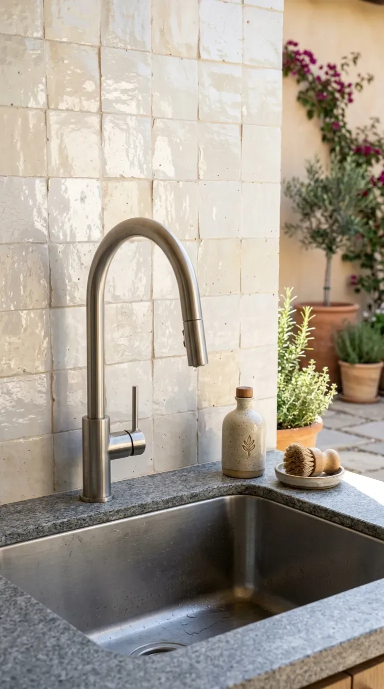 handmade glazed ivory zellige tile backsplash behind outdoor stainless steel sink