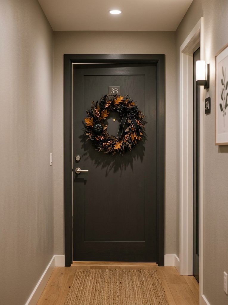 Halloween wreath on apartment door 202609041505