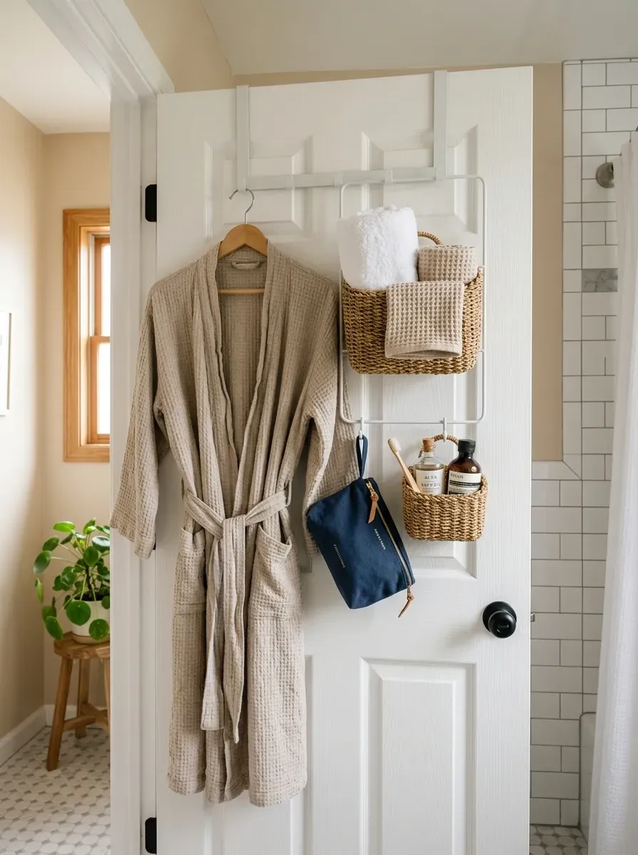 Small Bathroom Organization Ideas: 11 Smart Ways to Maximize Every Inch 8 Bathroom door with hooks holding towels robes and small storage baskets