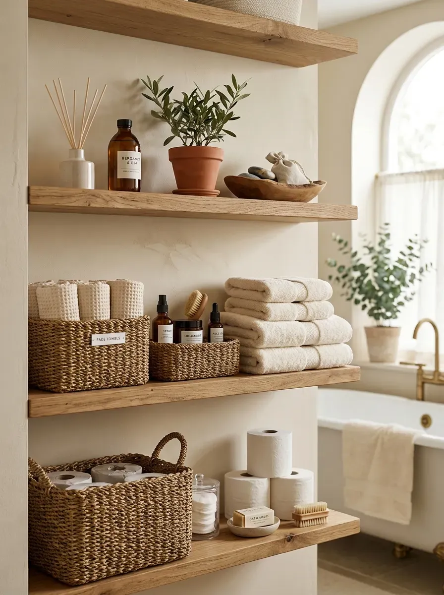 Small Bathroom Organization Ideas: 11 Smart Ways to Maximize Every Inch 20 Small bathroom shelves styled with matching woven baskets towels and toiletries