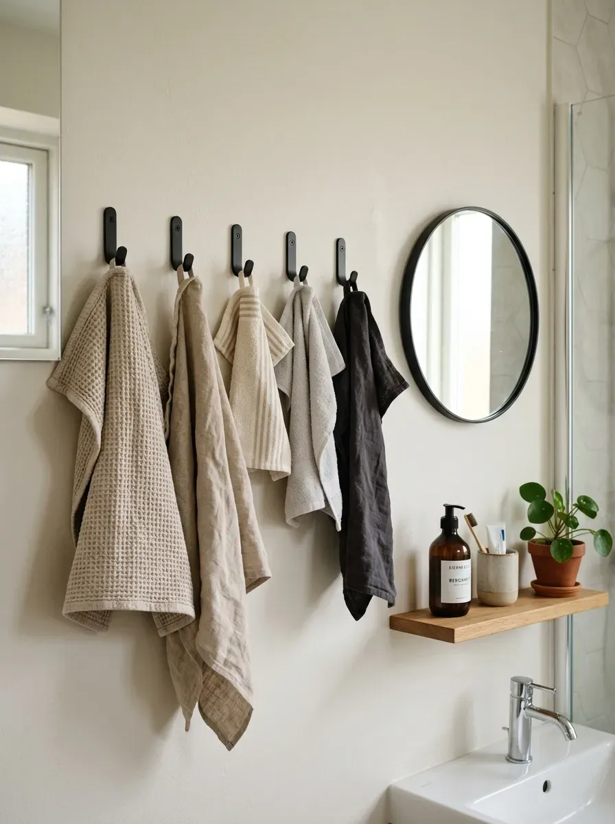 Small Bathroom Organization Ideas: 11 Smart Ways to Maximize Every Inch 19 Wall-mounted bathroom hooks holding neatly arranged towels in a small bathroom