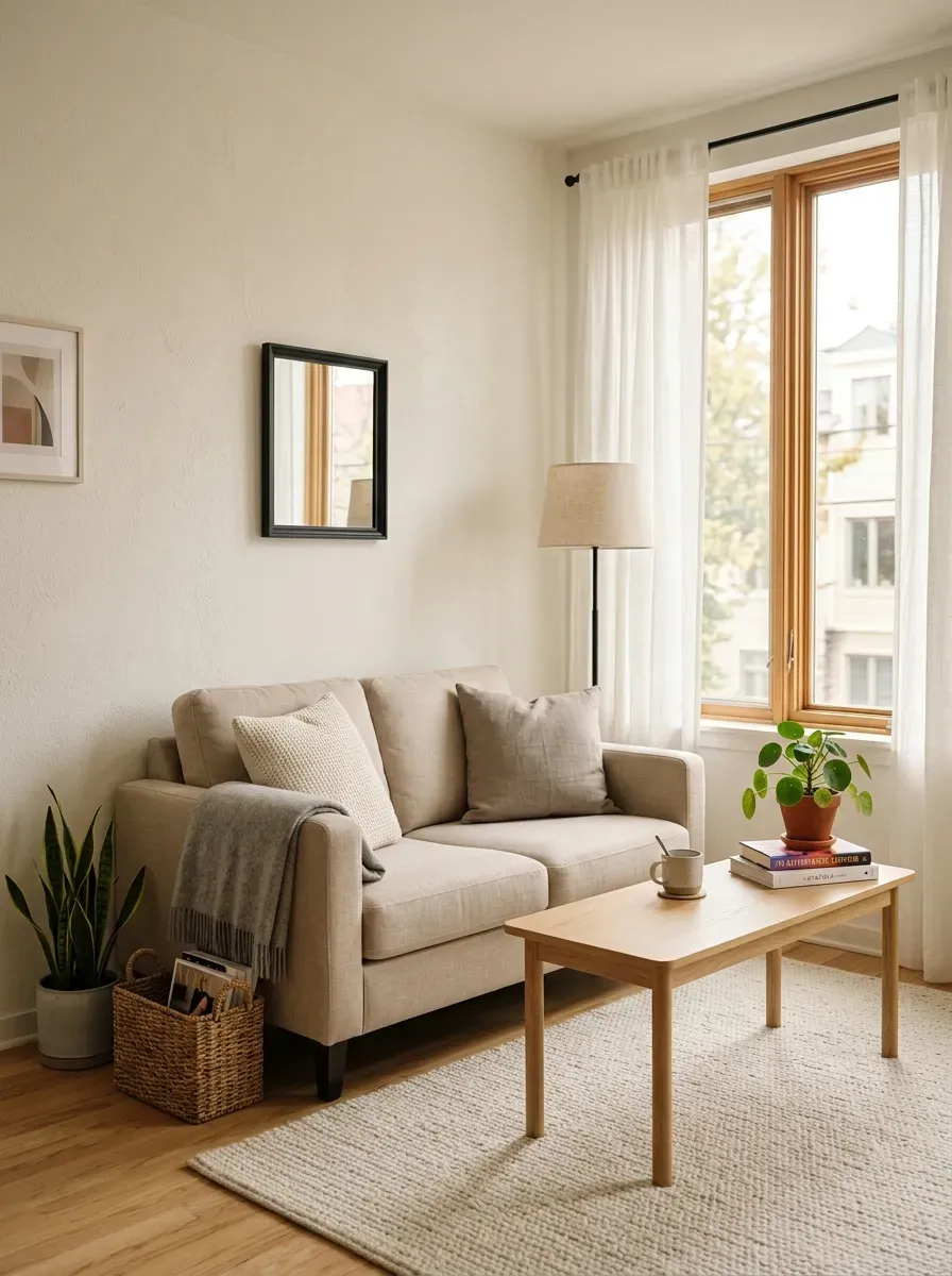 First Apartment Living Room: 11 Cozy and Stylish Ideas to Create a Space That Feels Like Home 2 Cozy first apartment living room with a compact beige loveseat and simple modern decor