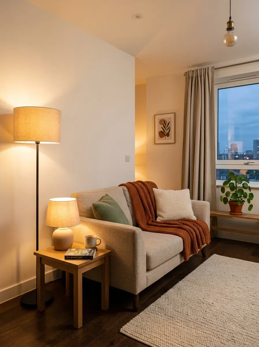 First Apartment Living Room: 11 Cozy and Stylish Ideas to Create a Space That Feels Like Home 5 Warm cozy first apartment living room with floor lamp table lamp and soft ambient lighting