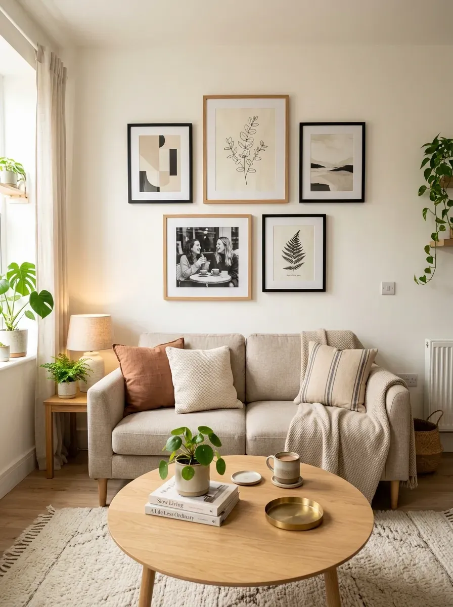 First Apartment Living Room: 11 Cozy and Stylish Ideas to Create a Space That Feels Like Home 16 Simple gallery wall above a sofa in a stylish first apartment living room