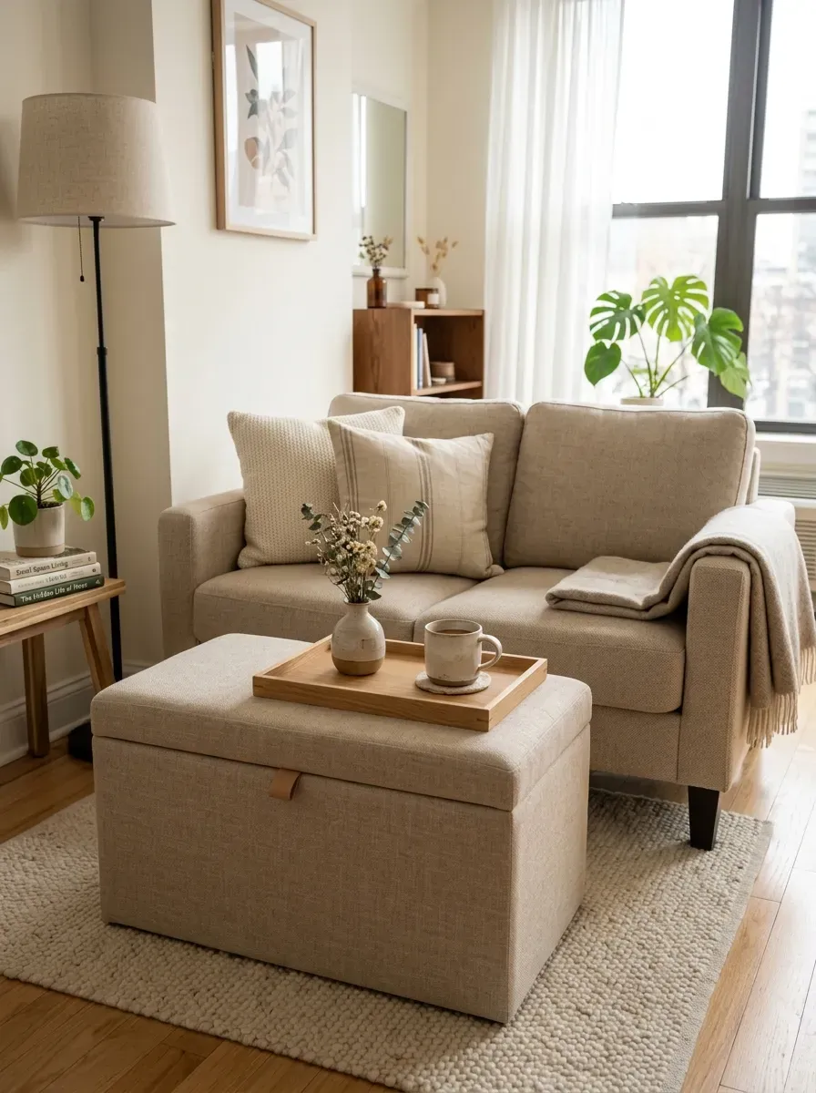 First Apartment Living Room: 11 Cozy and Stylish Ideas to Create a Space That Feels Like Home 3 First apartment living room with beige area rug anchoring a sofa and coffee table