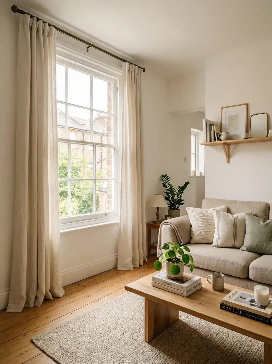 First Apartment Living Room: 11 Cozy and Stylish Ideas to Create a Space That Feels Like Home 11 First apartment living room with floor-length cream curtains framing a bright window