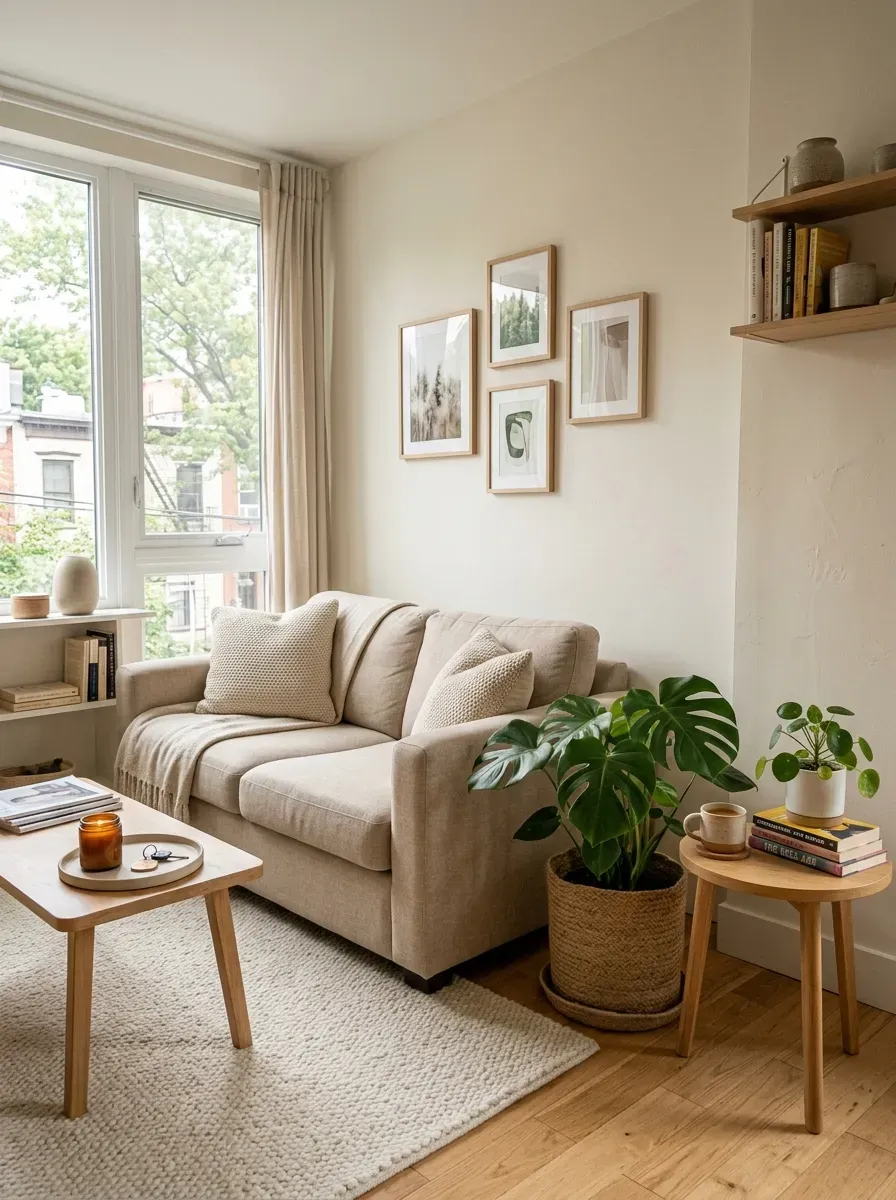 First Apartment Living Room: 11 Cozy and Stylish Ideas to Create a Space That Feels Like Home 17 Cozy first apartment living room with one tall plant and a small tabletop plant