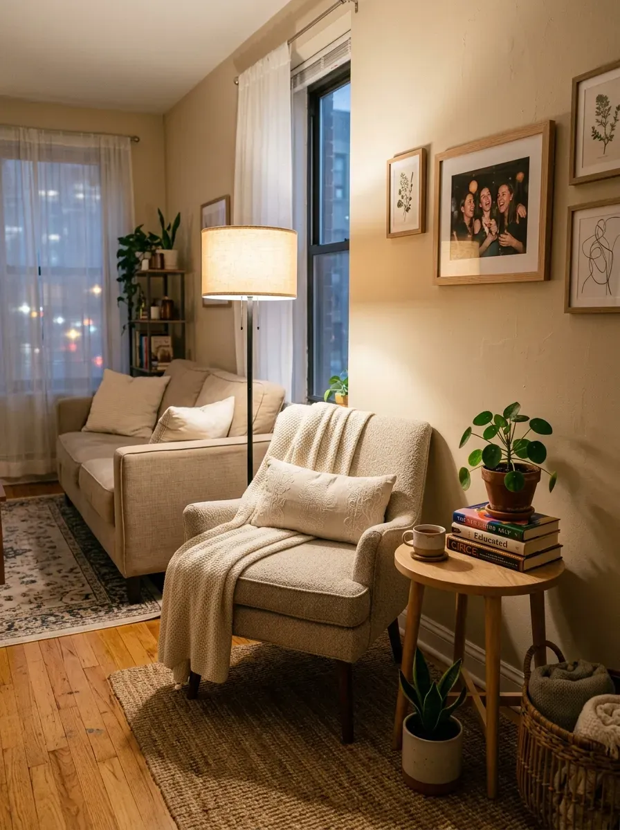 First Apartment Living Room: 11 Cozy and Stylish Ideas to Create a Space That Feels Like Home 19 Personalized cozy corner in a first apartment living room with accent chair lamp books and framed art