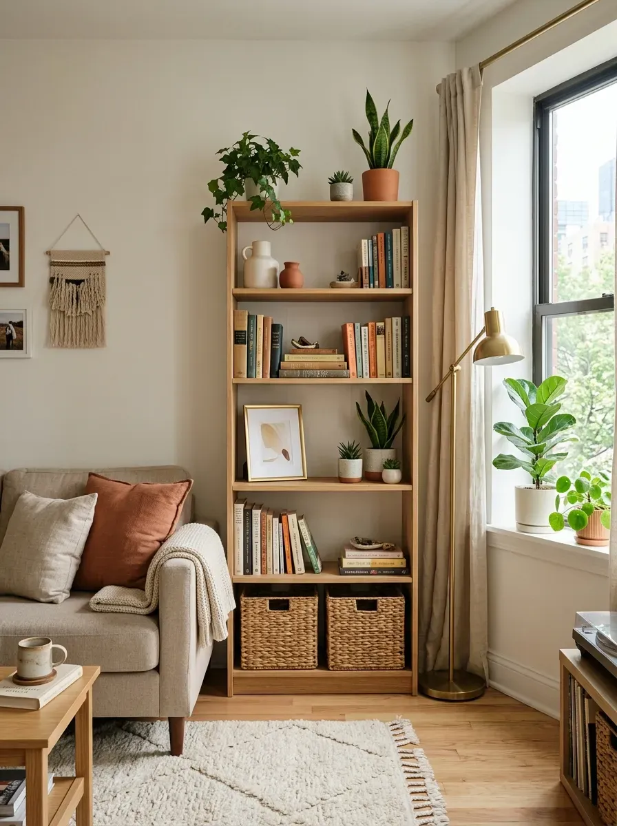 First Apartment Living Room: 11 Cozy and Stylish Ideas to Create a Space That Feels Like Home 12 Small bookcase styled with books plants baskets and decor in a first apartment living room