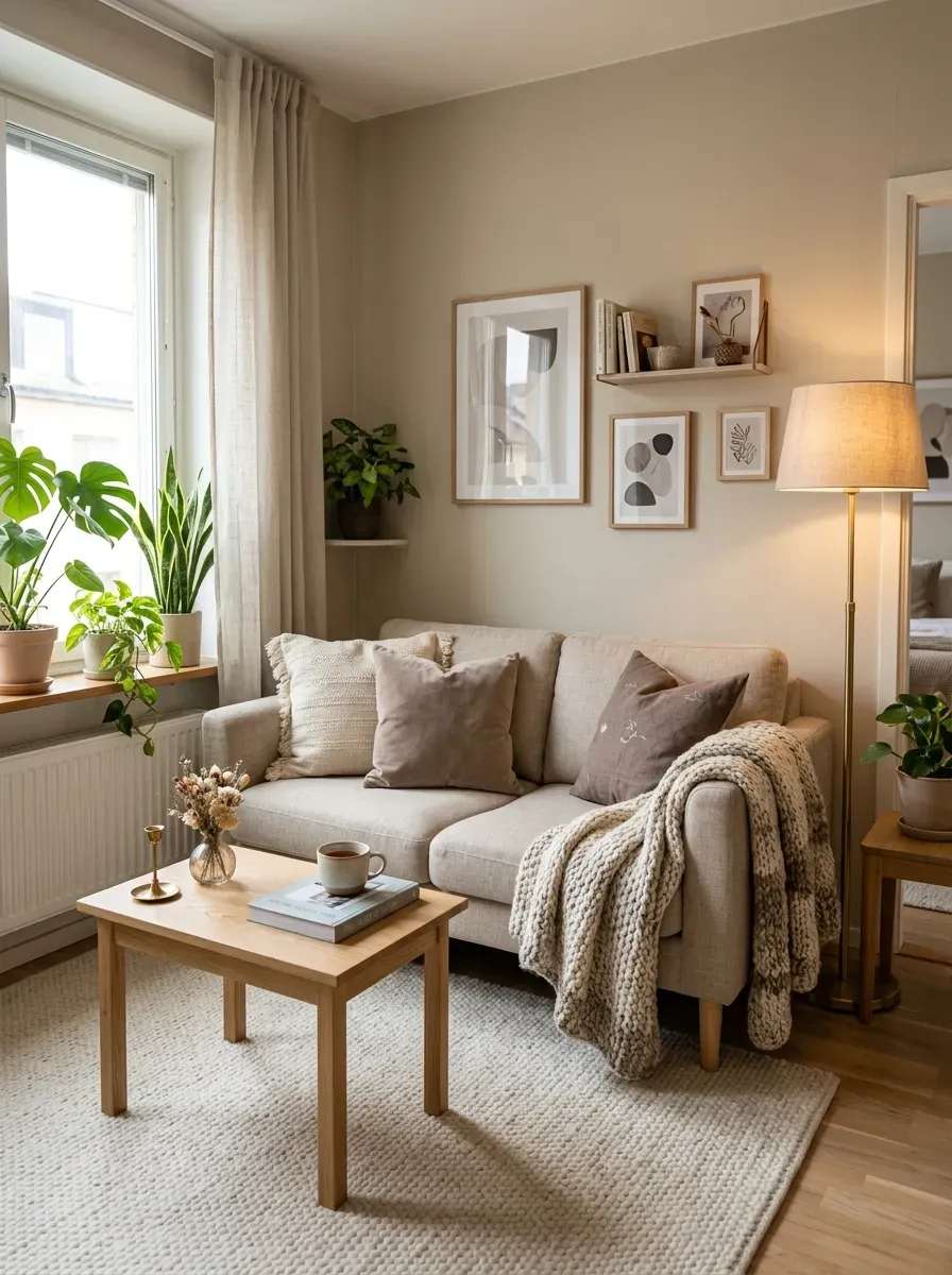 First Apartment Living Room: 11 Cozy and Stylish Ideas to Create a Space That Feels Like Home 18 Cozy first apartment sofa styled with neutral throw pillows and a soft knitted blanket