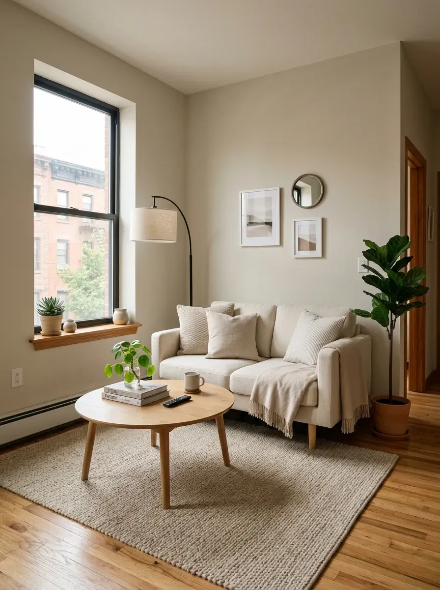 First Apartment Living Room: 11 Cozy and Stylish Ideas to Create a Space That Feels Like Home 4 Small first apartment living room with a storage ottoman used as a coffee table and extra seating