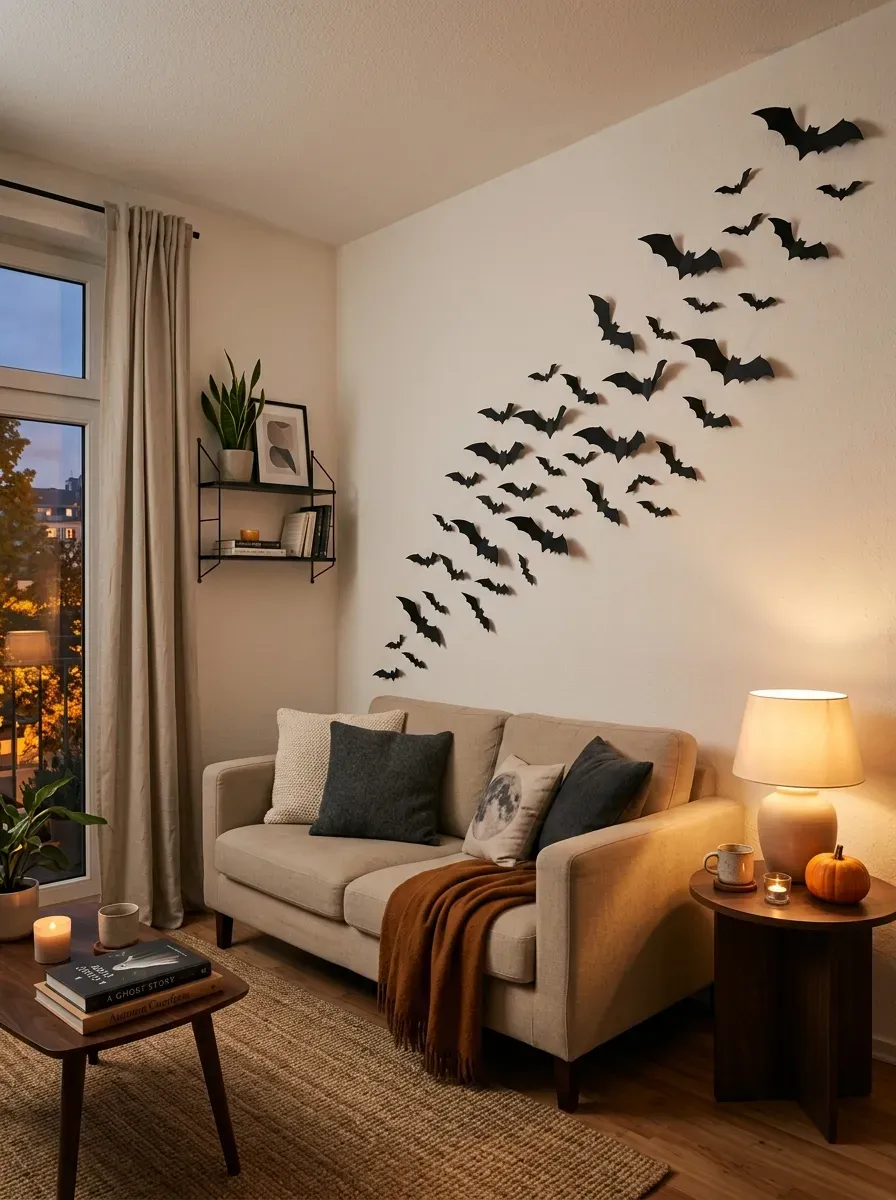 Black paper bats arranged across a neutral living room wall in a small apartment