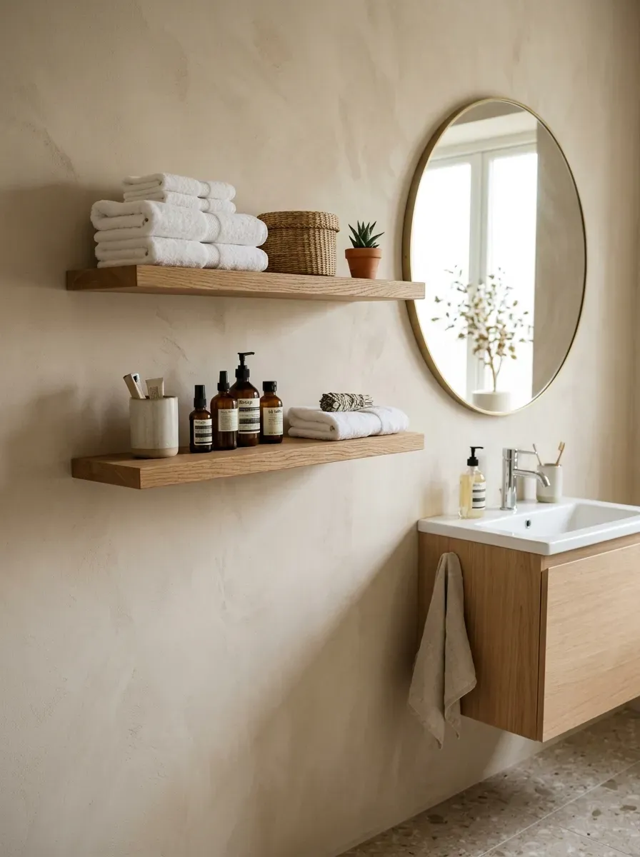 Small Bathroom Organization Ideas: 11 Smart Ways to Maximize Every Inch 18 Floating wooden shelves above bathroom vanity with towels baskets skincare and simple decor