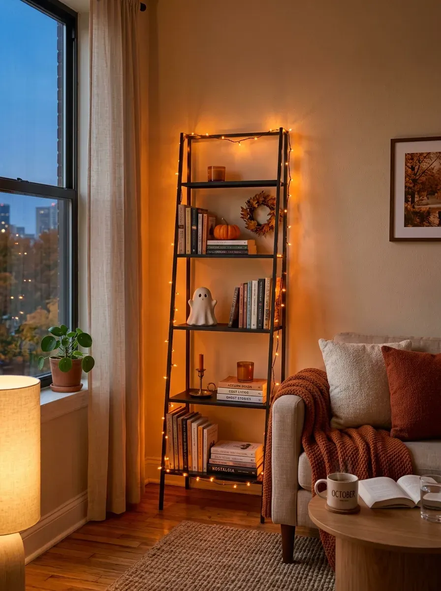 Warm orange Halloween string lights wrapped around a bookshelf in a small apartment living room