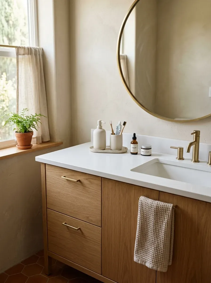 Small Bathroom Organization Ideas: 11 Smart Ways to Maximize Every Inch 21 Clean small bathroom vanity with minimal toiletries on a simple tray and mostly empty countertop