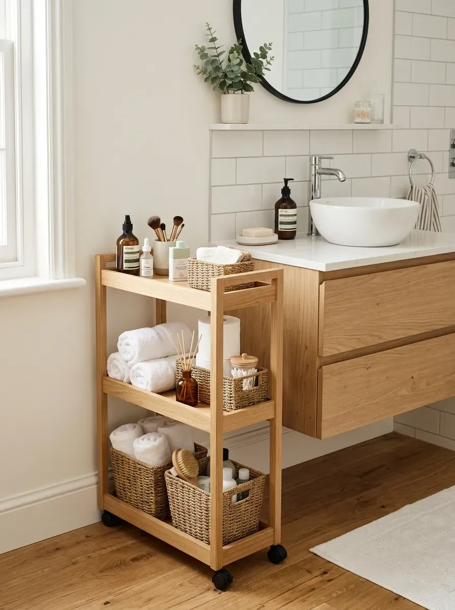 Small Bathroom Organization Ideas: 11 Smart Ways to Maximize Every Inch 14 Narrow three-tier bathroom storage cart beside vanity holding towels toiletries and baskets
