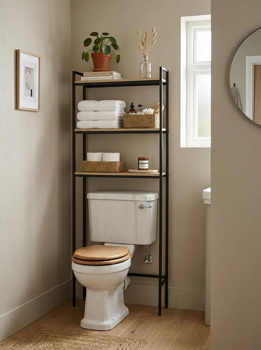Small Bathroom Organization Ideas: 11 Smart Ways to Maximize Every Inch 3 Organized over-the-toilet shelving with towels baskets and bathroom essentials