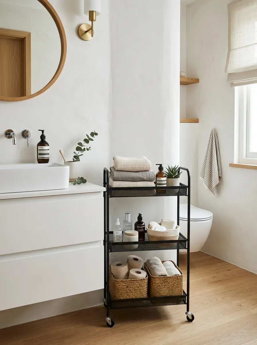 Small Bathroom Organization Ideas: 11 Smart Ways to Maximize Every Inch 2 Slim rolling storage cart beside a bathroom vanity with neatly organized toiletries and towels