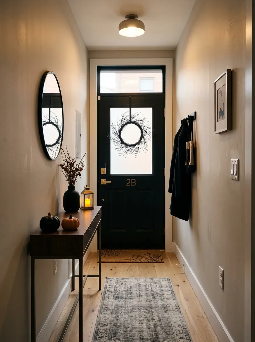 Small apartment entryway decorated with a black Halloween wreath mini pumpkins and warm lighting