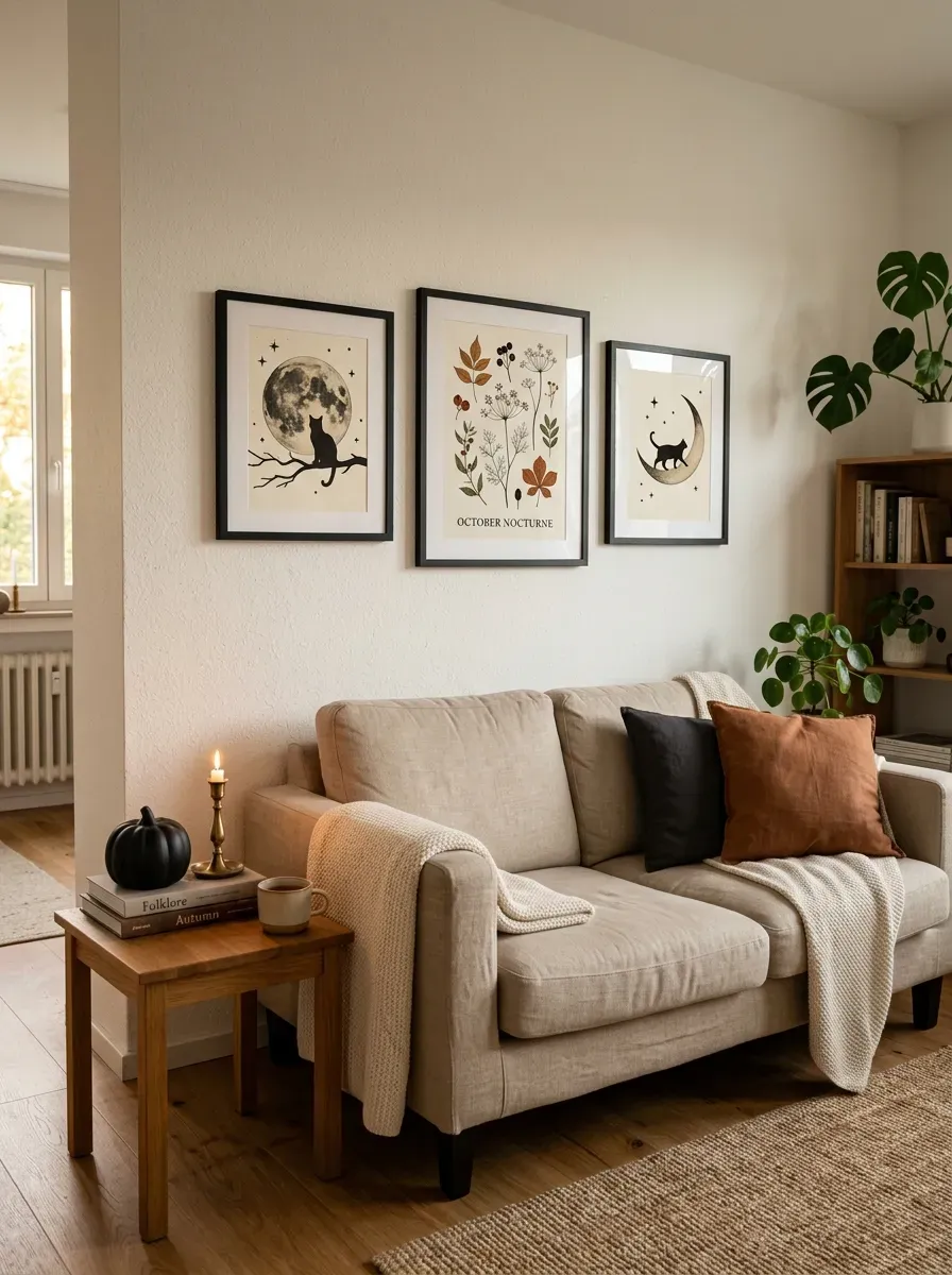 Minimal Halloween gallery wall with black framed spooky artwork in a small apartment