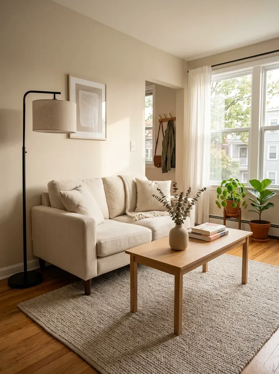 First Apartment Living Room: 11 Cozy and Stylish Ideas to Create a Space That Feels Like Home 6 Slim wood coffee table in a stylish first apartment living room with compact furniture