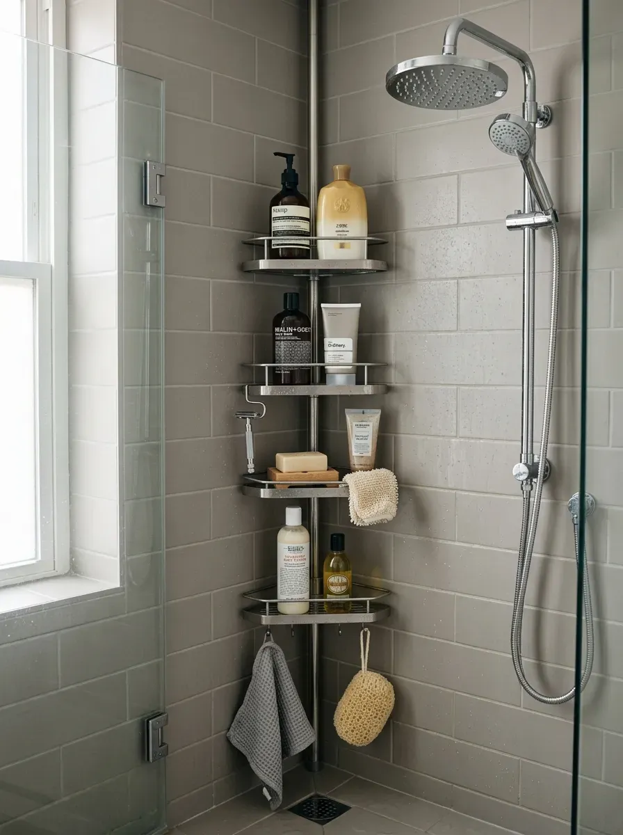 Small Bathroom Organization Ideas: 11 Smart Ways to Maximize Every Inch 9 Four-tier tension pole shower caddy organized with shampoo conditioner body wash and toiletries