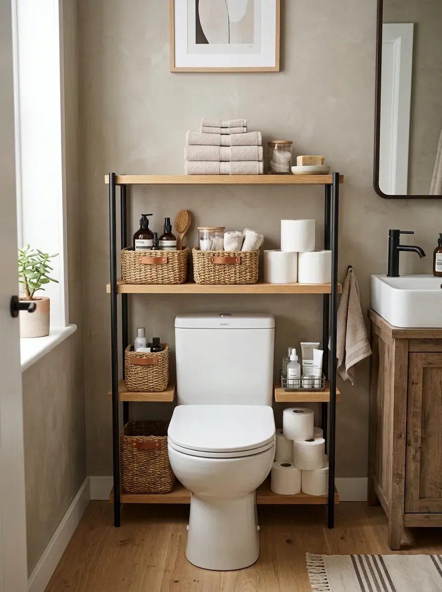 Small Bathroom Organization Ideas: 11 Smart Ways to Maximize Every Inch 4 Three-tier over-the-toilet storage rack with baskets towels and bathroom supplies