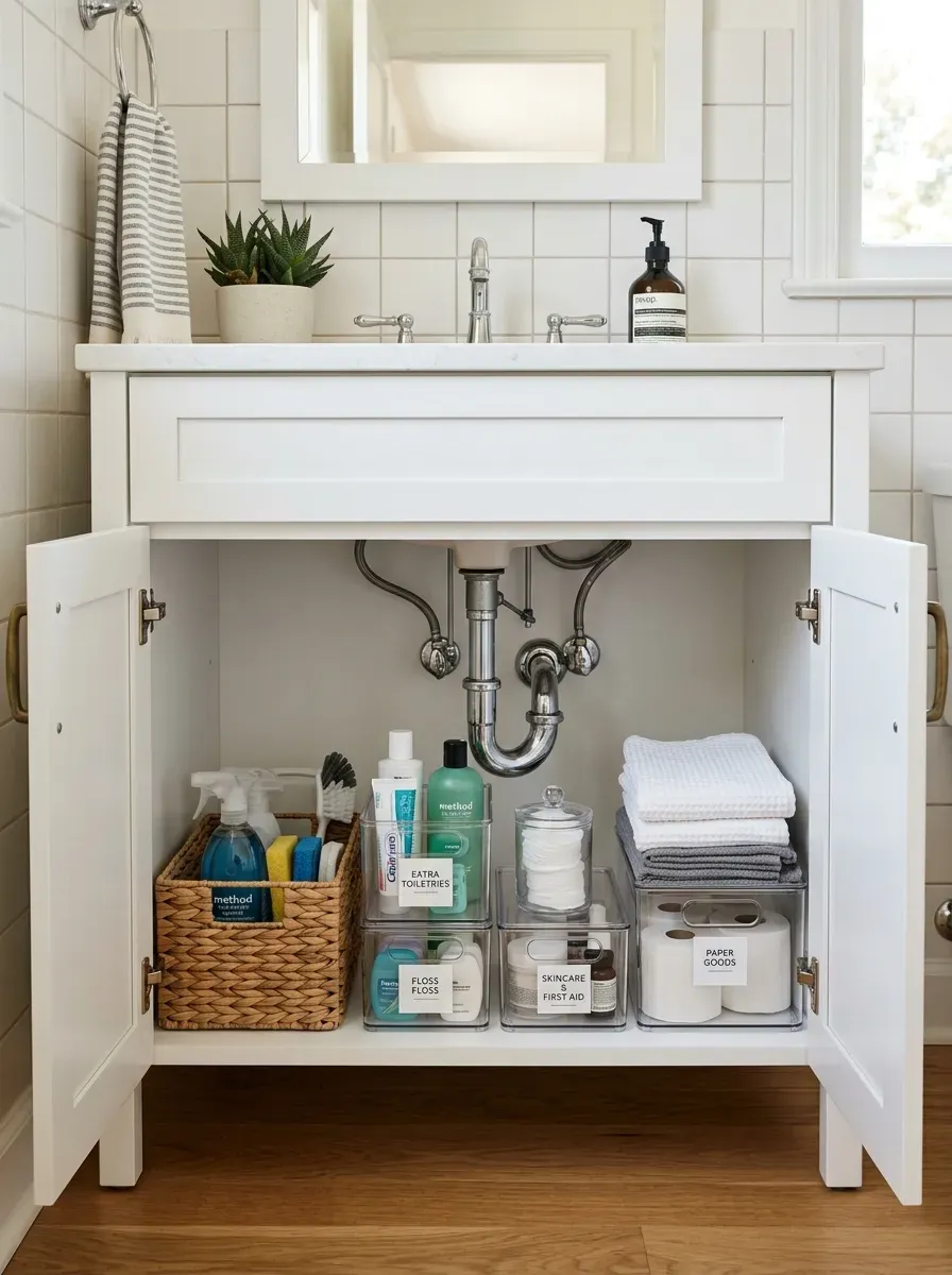 Small Bathroom Organization Ideas: 11 Smart Ways to Maximize Every Inch 13 Organized bathroom vanity cabinet with labeled bins cleaning supplies and toiletries